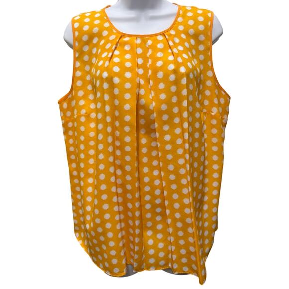 @Tab Tops - Michael Kors Womens SZ L Boxy Yellow Floaty Blouse Top Polka Dot pleated white